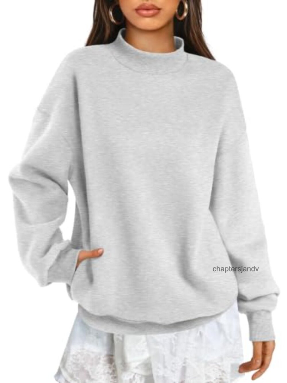 Oversized Cotton Fleece Mock Neck Sweatshirt with Pockets